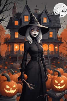 A person dressed as a witch stands among eerie carved pumpkins, with a haunted house in the background, under a full moon.