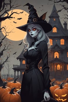 The essence of October: a witch with a broom surrounded by jack-o'-lanterns in front of a spooky, orange-lit haunted house.