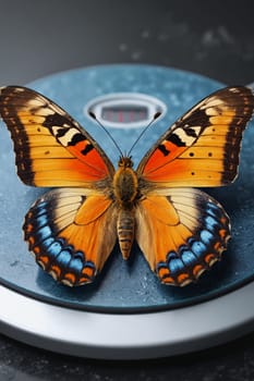 A vibrant orange and black butterfly stretches its wings on a sleek digital scale against a deep gradient backdrop.