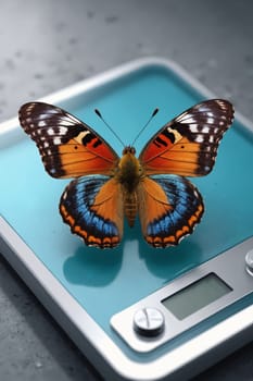 Capturing a butterfly's momentary rest on a digital scale, the image shows the fascinating intersection of wildlife and technology.