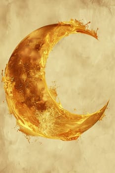 Abstract shiny golden crescent on beige background.