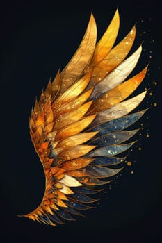 A golden wing on a black background. Illustration.
