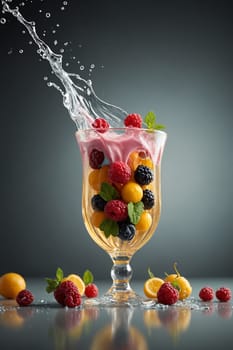 A vibrant cup filled with oranges, raspberries, and mint leaves, captured mid-splash for a refreshing feel.