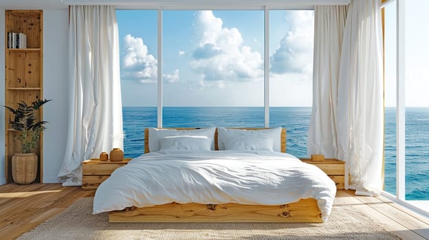 Minimalist bedroom interior with ocean sea view. Modern coastal interior. Summer, travel, vacation, dreams holiday, resort.