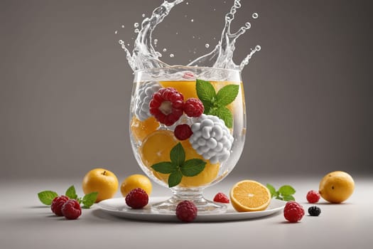 A vibrant cup filled with oranges, raspberries, and mint leaves, captured mid-splash for a refreshing feel.