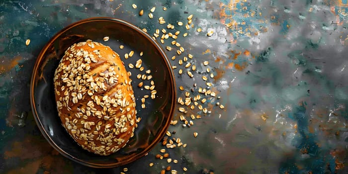 A loaf of sesame seed bread sits on a plate on a wooden table. The circular plate contrasts the texture of the seeds, creating a visually appealing display of food