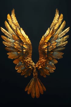 A bird with golden wings on a black background. Illustration.