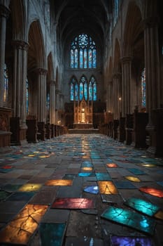 Candles and stained glass windows create vivid reflections inside the church.