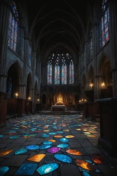 Candles and stained glass windows create vivid reflections inside the church.