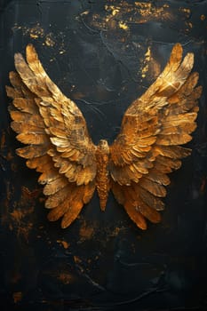 A bird with golden wings on a black background. Illustration.