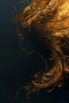 Golden silhouette of a girl's face with wavy lines on a black background. Illustration.