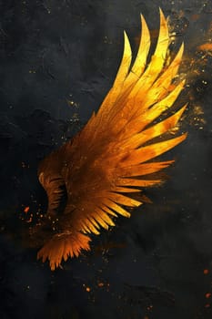 A golden wing on a black background. Illustration.