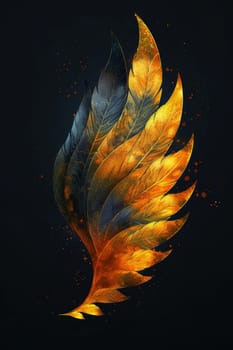 A golden wing on a black background. Illustration.