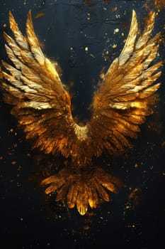 A bird with golden wings on a black background. Illustration.