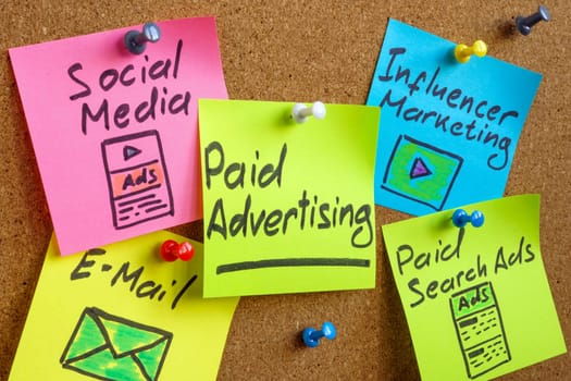 Colorful stickers with Paid advertising notes pinned to digital marketing planning board.
