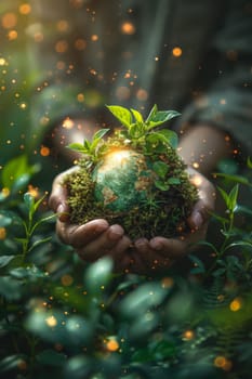 Environment. A young tree growing out of the ground in the hands of a man. World Environment Day.