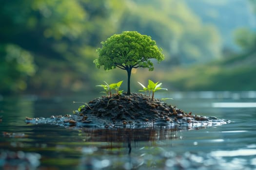 Environment. A young tree growing out of the ground against a background of green nature. World Environment Day.