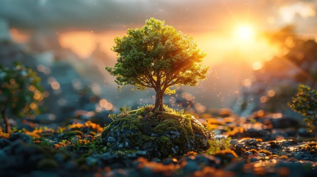 Environment. A young tree growing out of the ground against a background of green nature. World Environment Day.