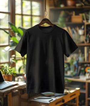 A black tshirt with a unique fashion design hangs on a wooden hanger in a room, next to a plant on a shelf. This retail event also features a laptop, patterned bookcase, and sleeves for sale