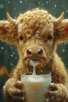 A cow with a glass of milk. World Milk Day.