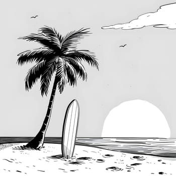 A blackandwhite art of a palm tree and surfboard on a beach, set against a sky backdrop, showcasing the beauty of natural landscape and tints and shades