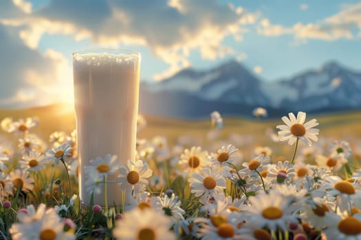 A glass of milk in a chamomile field. World Milk Day.