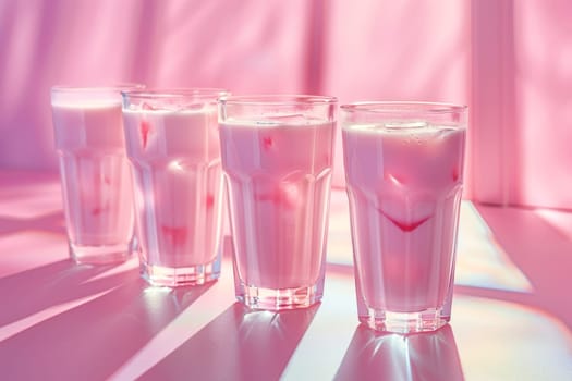 Glasses of milk on a pink background . World Milk Day.