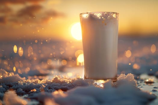 A glass of milk at sunset . World Milk Day.