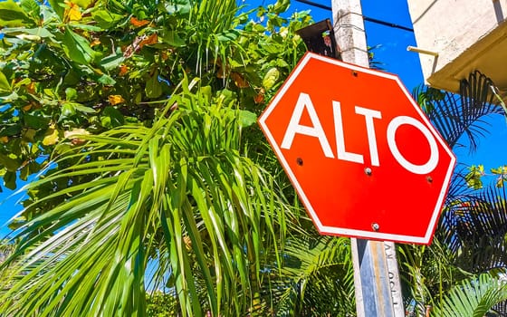 Stop sign Alto in Spanish in Zicatela Puerto Escondido Oaxaca Mexico.