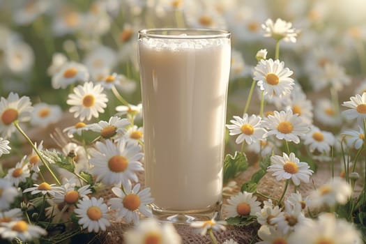 A glass of milk in a chamomile field. World Milk Day.