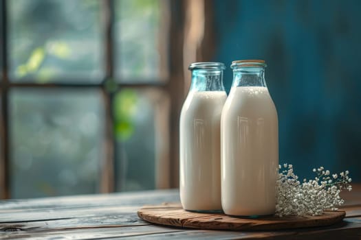 Two bottles of milk on the table. World Milk Day.