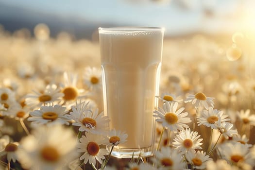 A glass of milk in a chamomile field. World Milk Day.