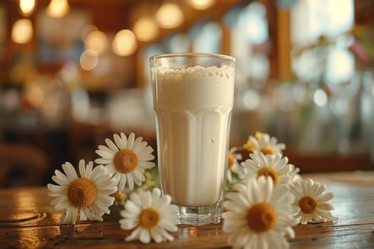 A glass of milk in a chamomile field. World Milk Day.