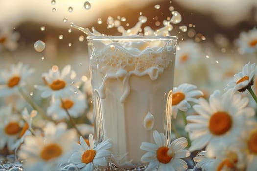 A glass of milk in a chamomile field. World Milk Day.