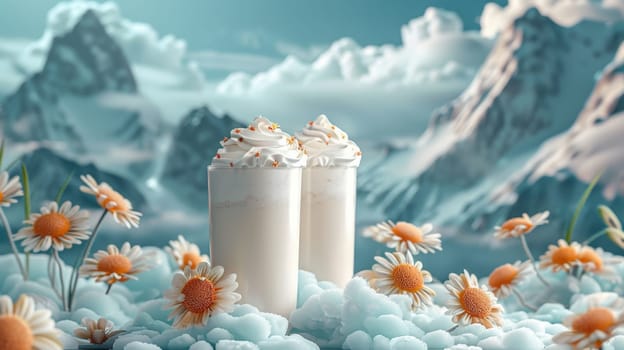 two glasses of milkshake on the background of snowy mountains . World Milk Day.