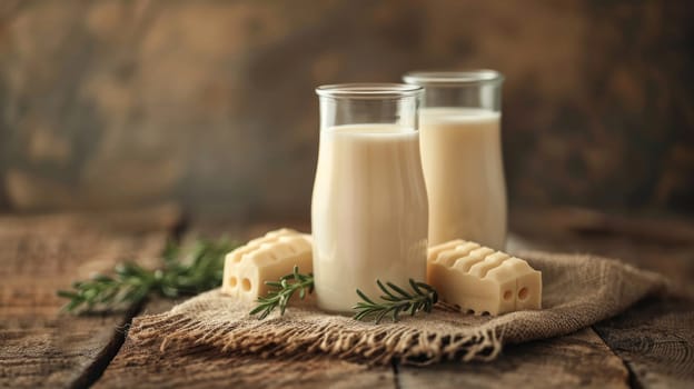 two glasses of milk and cheese on the table . World Milk Day.