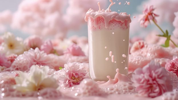 A glass of milk on a pink background . World Milk Day.