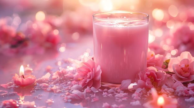 A glass of milk on a pink background . World Milk Day.