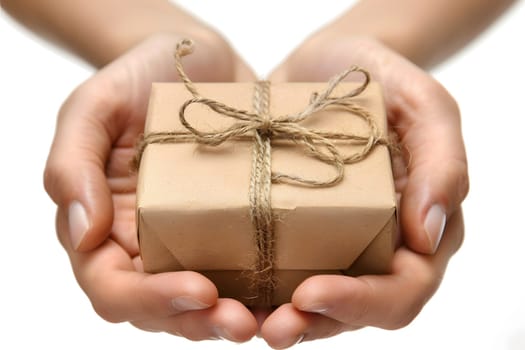 A persons hand is holding a brown gift box with a bow, showcasing a gesture of excitement. The box is adorned with intricate patterns and ornaments, making it a perfect present