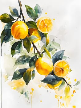 An illustration of lemons hanging from a tree branch, painted in watercolors. The vibrant colors and delicate strokes capture the beauty of nature