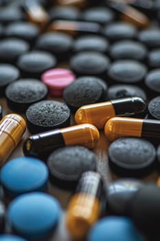A pile of pills and capsules on a table with some blue ones