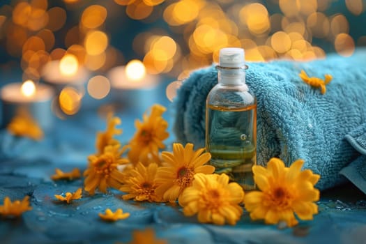 A bottle of lotion and a towel with flowers on it