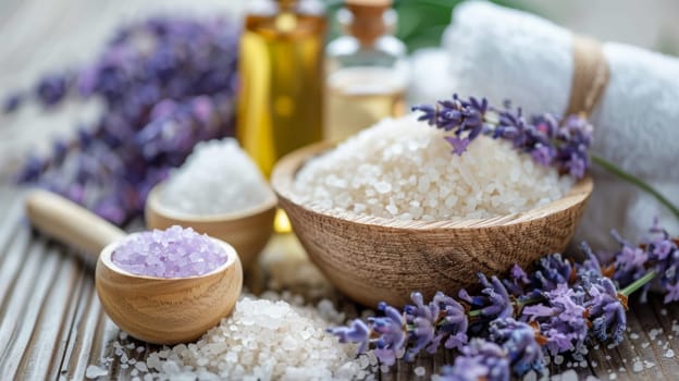 A wooden spoon, a bowl of lavender and some other items