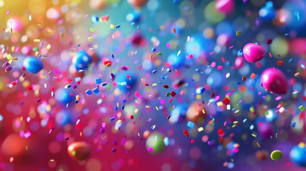 A colorful background with confetti and balloons in the air