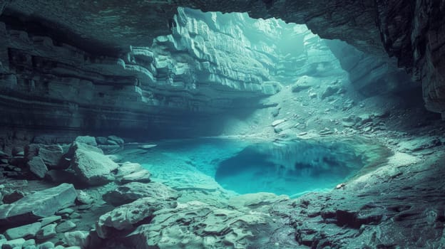 A small pool of water in a cave surrounded by rocks