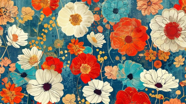 A large colorful flower pattern on a blue background