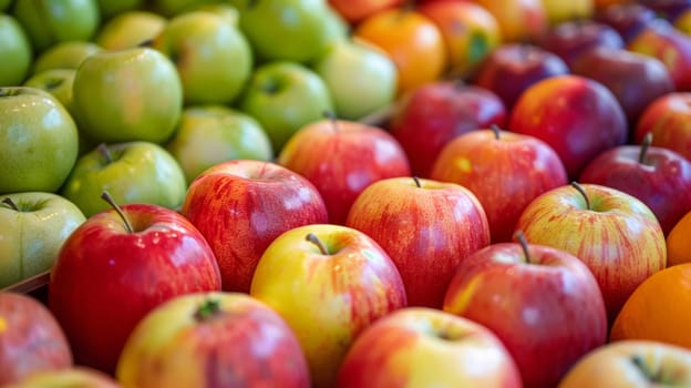 A close up of a bunch of apples and oranges in the store