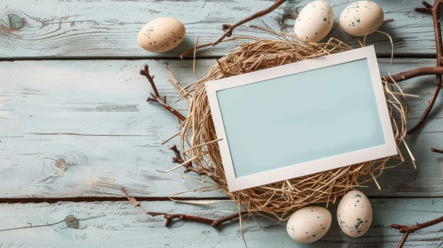 A picture frame in a nest with eggs and other items
