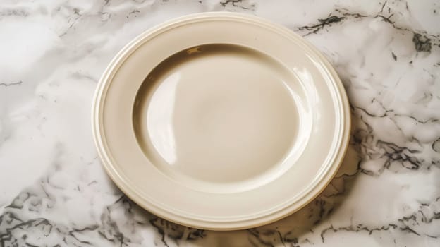 A white plate sitting on a marble counter top