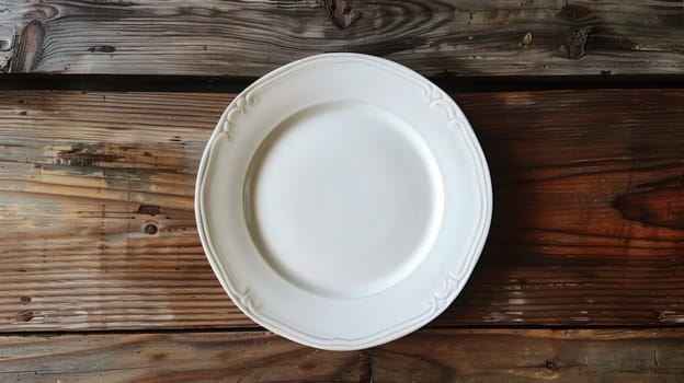 A white plate sitting on top of a wooden table
